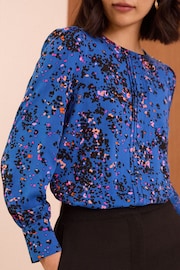 Love & Roses Blue Petite Animal Pintuck Button Detail Long Sleeve Blouse - Image 2 of 4