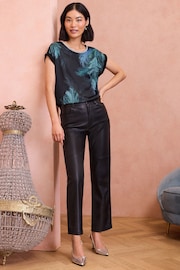 ENB | Love & Roses Black Feather Print Satin Front Embellished Neck Jersey Blouse - Image 3 of 4