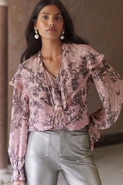 ENB | Love & Roses Pink Floral Metallic Petite Capelet Long Sleeve Blouse - Image 1 of 4