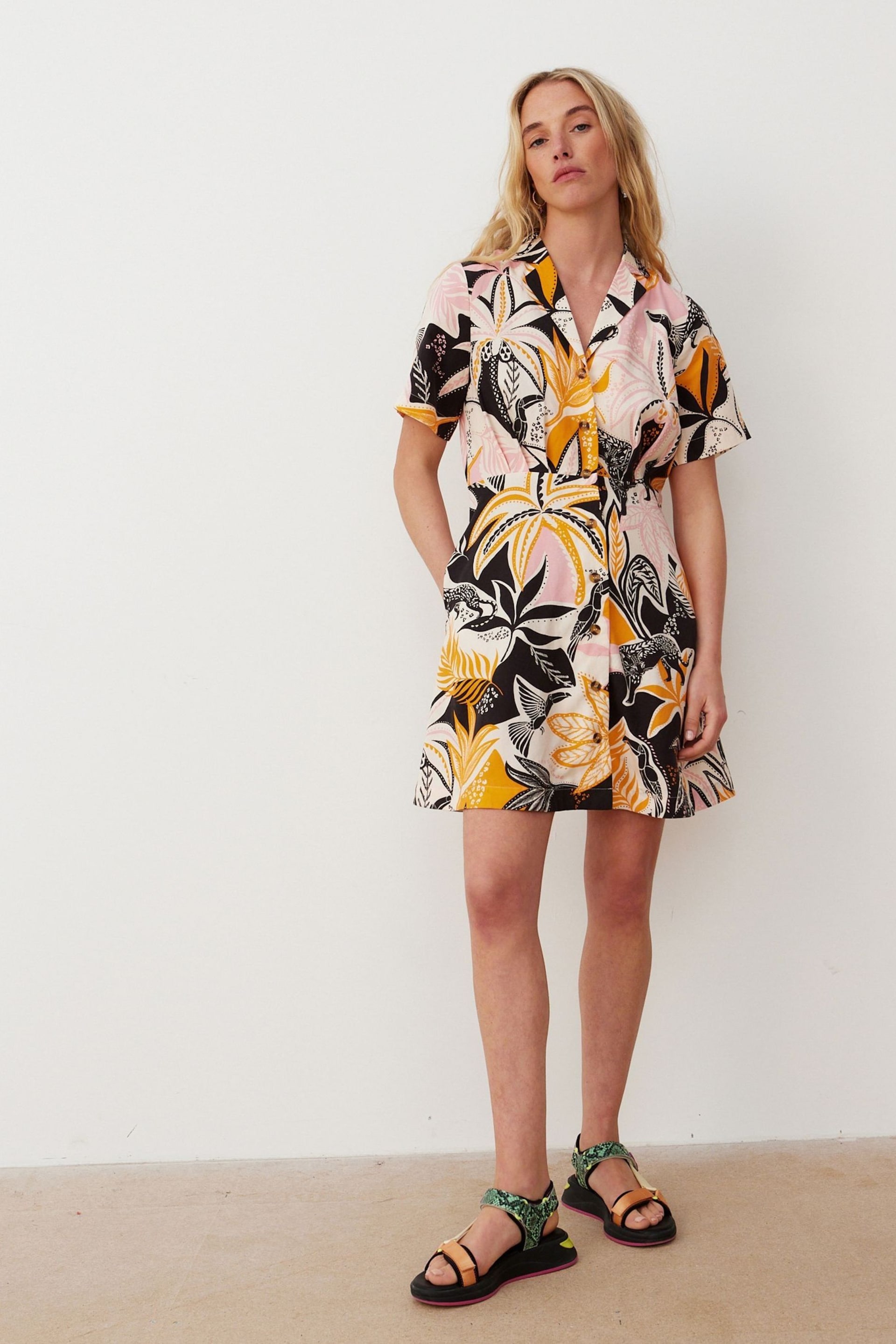 Oliver Bonas Pink/Orange Tropical Print Mini Shirt Dress - Image 2 of 8