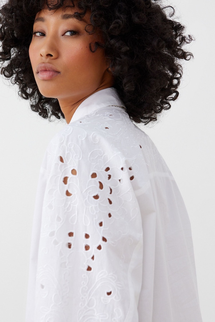 Oliver Bonas White Embroidered Sleeve 100% Cotton Shirt - Image 1 of 8