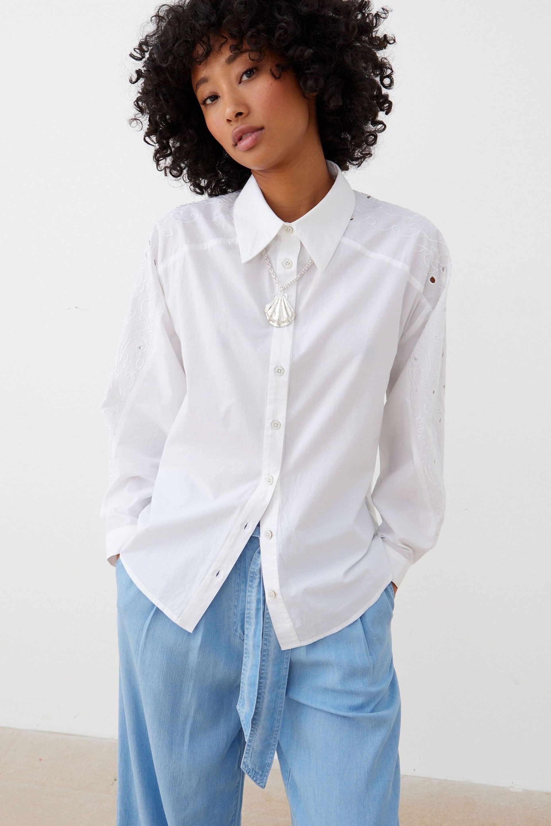 Oliver Bonas Embroidered Sleeve White Shirt - Image 2 of 6