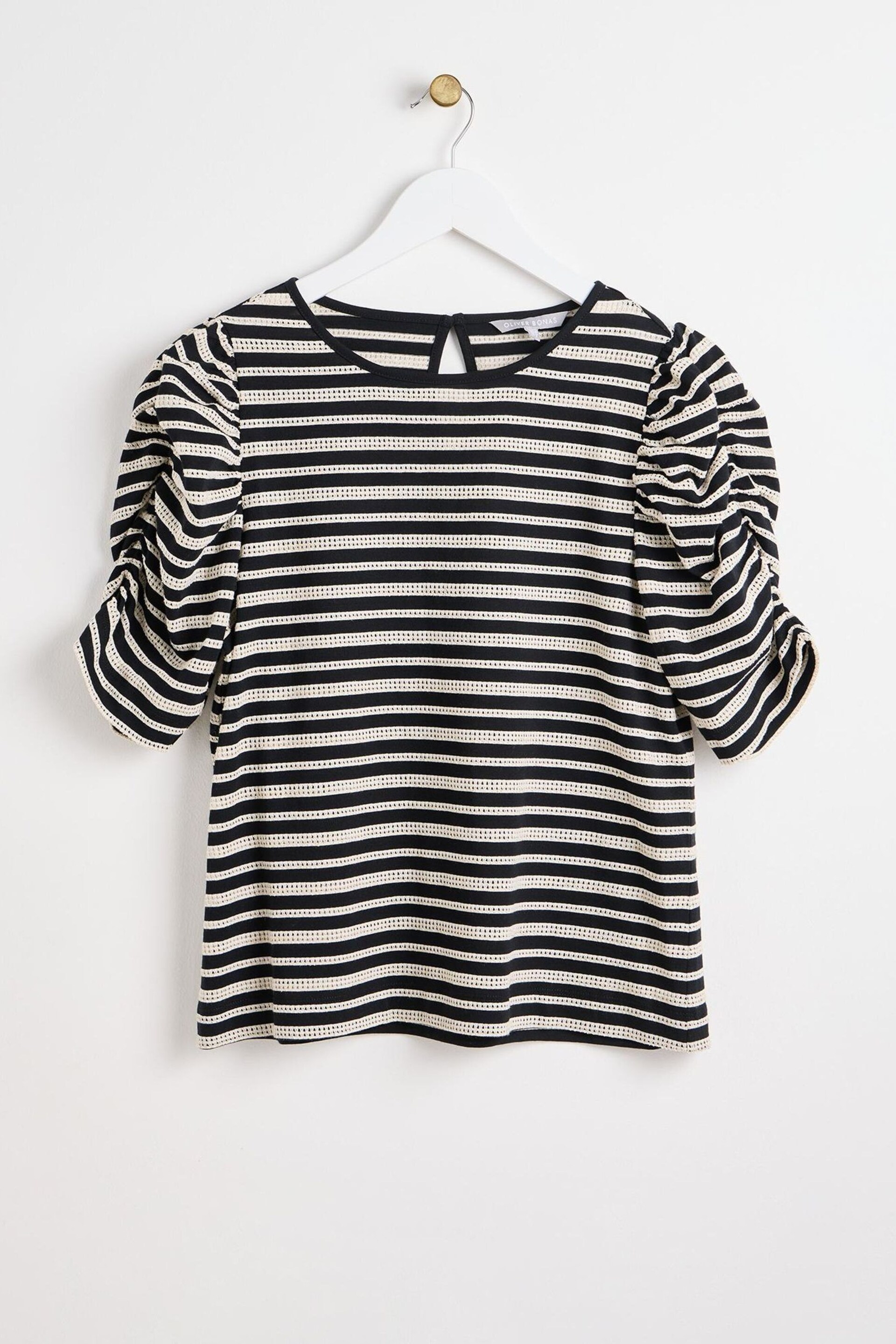 Oliver Bonas Stripe Ruched Sleeve Jersey Black Top - Image 1 of 5