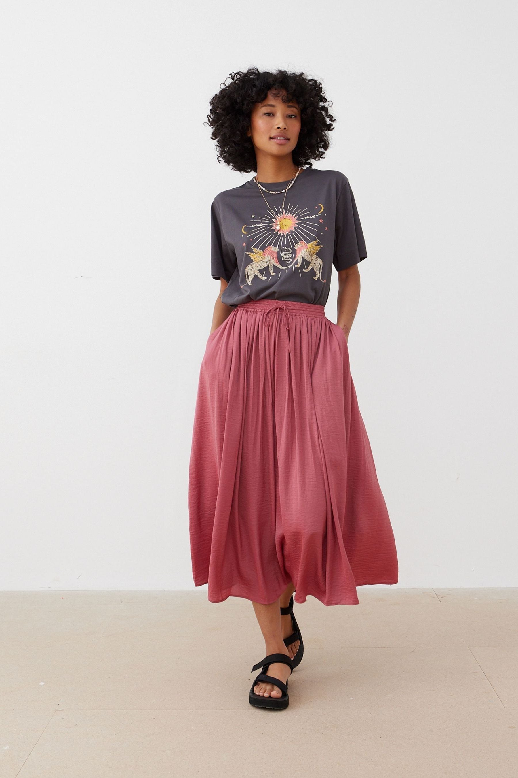Pink pleated midi skirt uk top