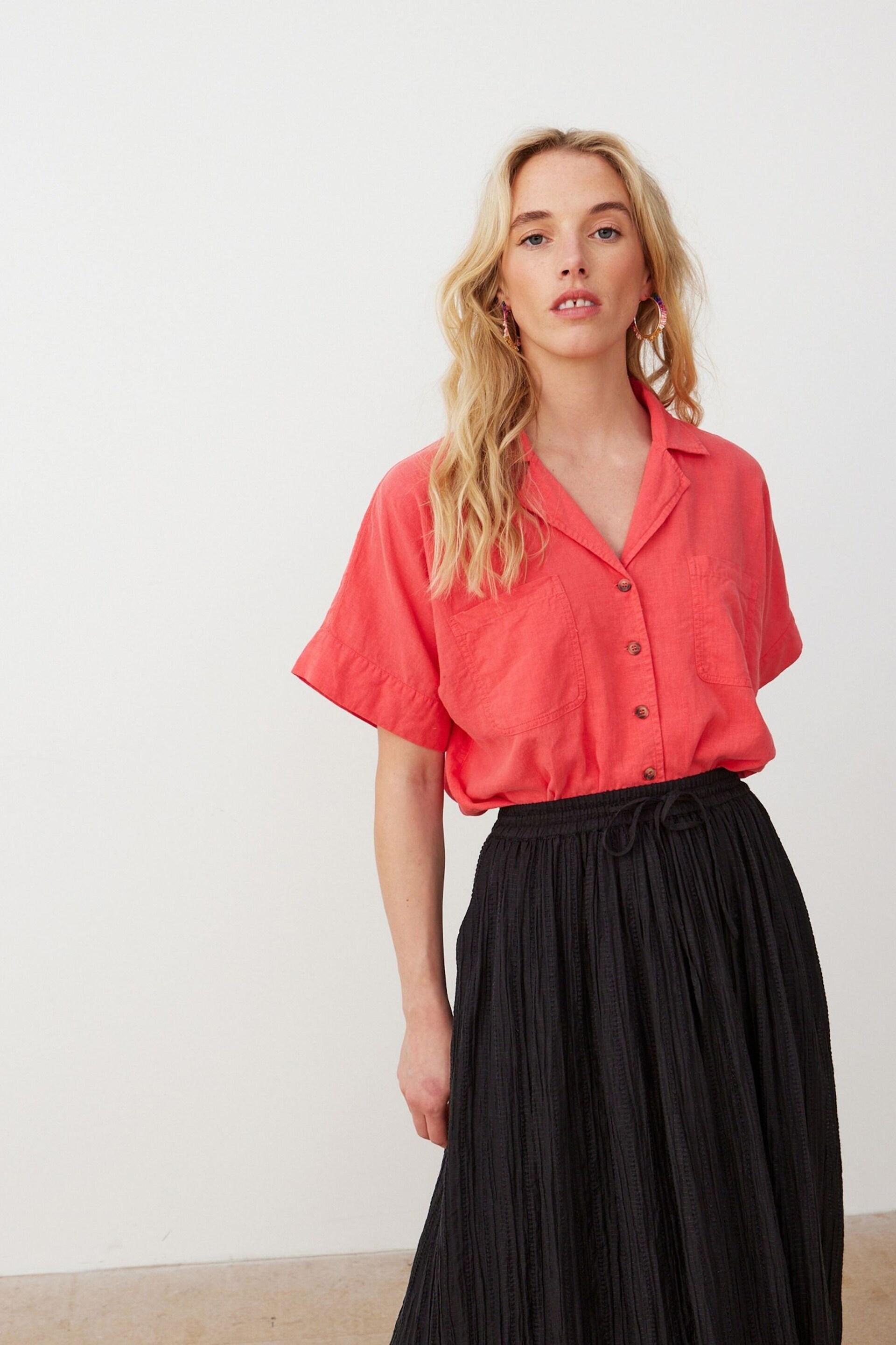 Oliver Bonas Red Coral Orange Linen Blend Boxy Shirt - Image 1 of 2