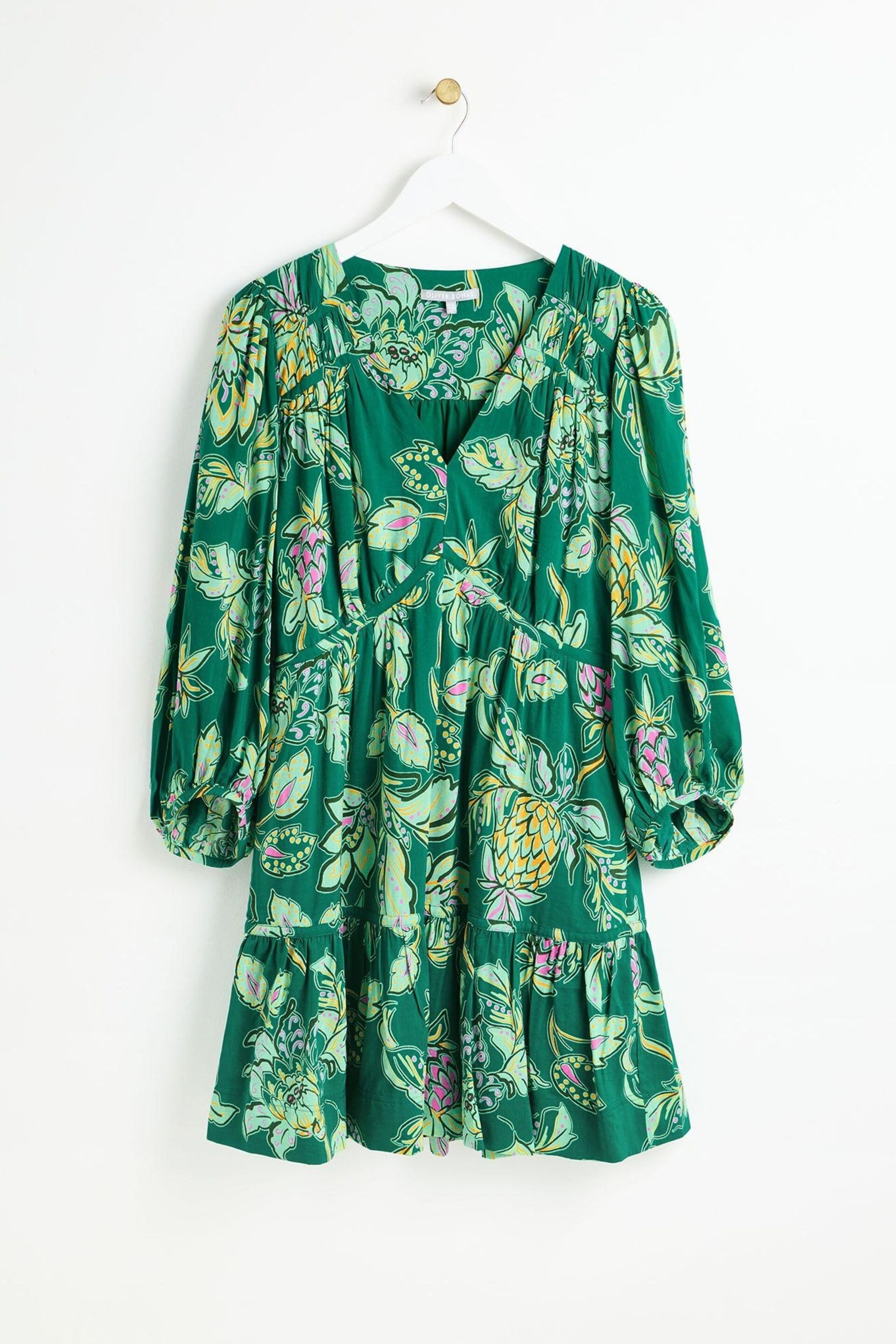 Oliver Bonas Green Mini Paisley Floral Tiered Dress - Image 1 of 6