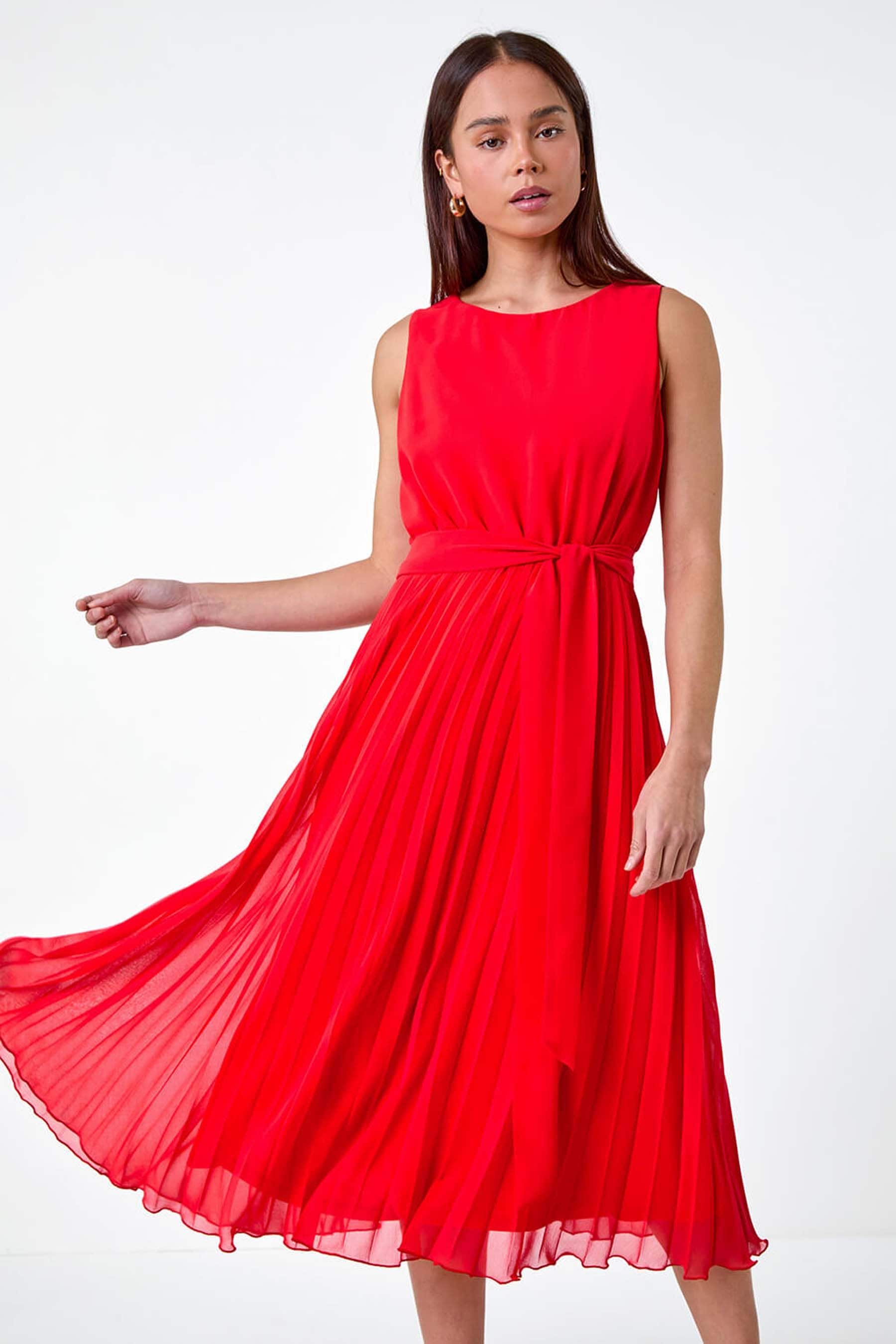 Red pleated midi dress hotsell