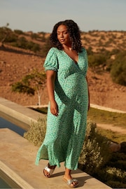 Live Unlimited Green Curve Ditsy Jersey Shirred Cuff Maxi Dress - Image 1 of 7