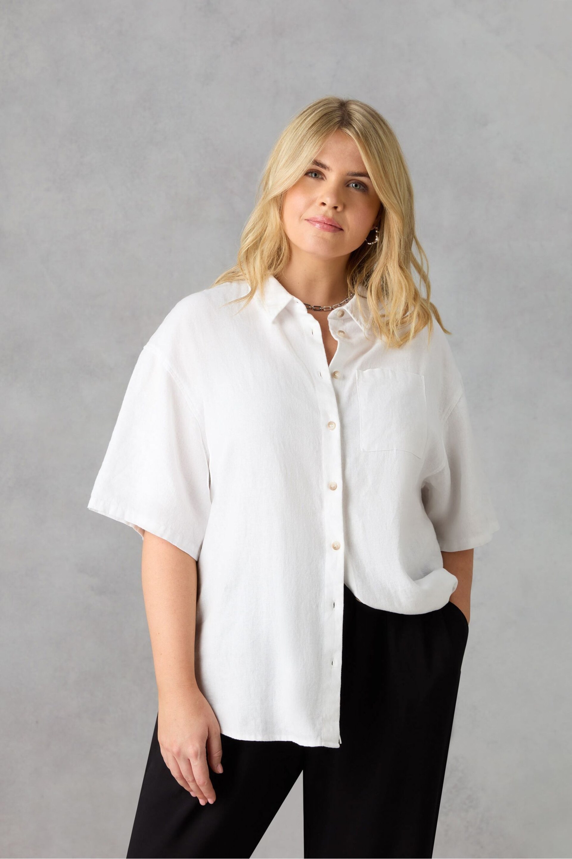 Live Unlimited Curve Linen Mix Short Sleeve White Shirt - Image 1 of 5