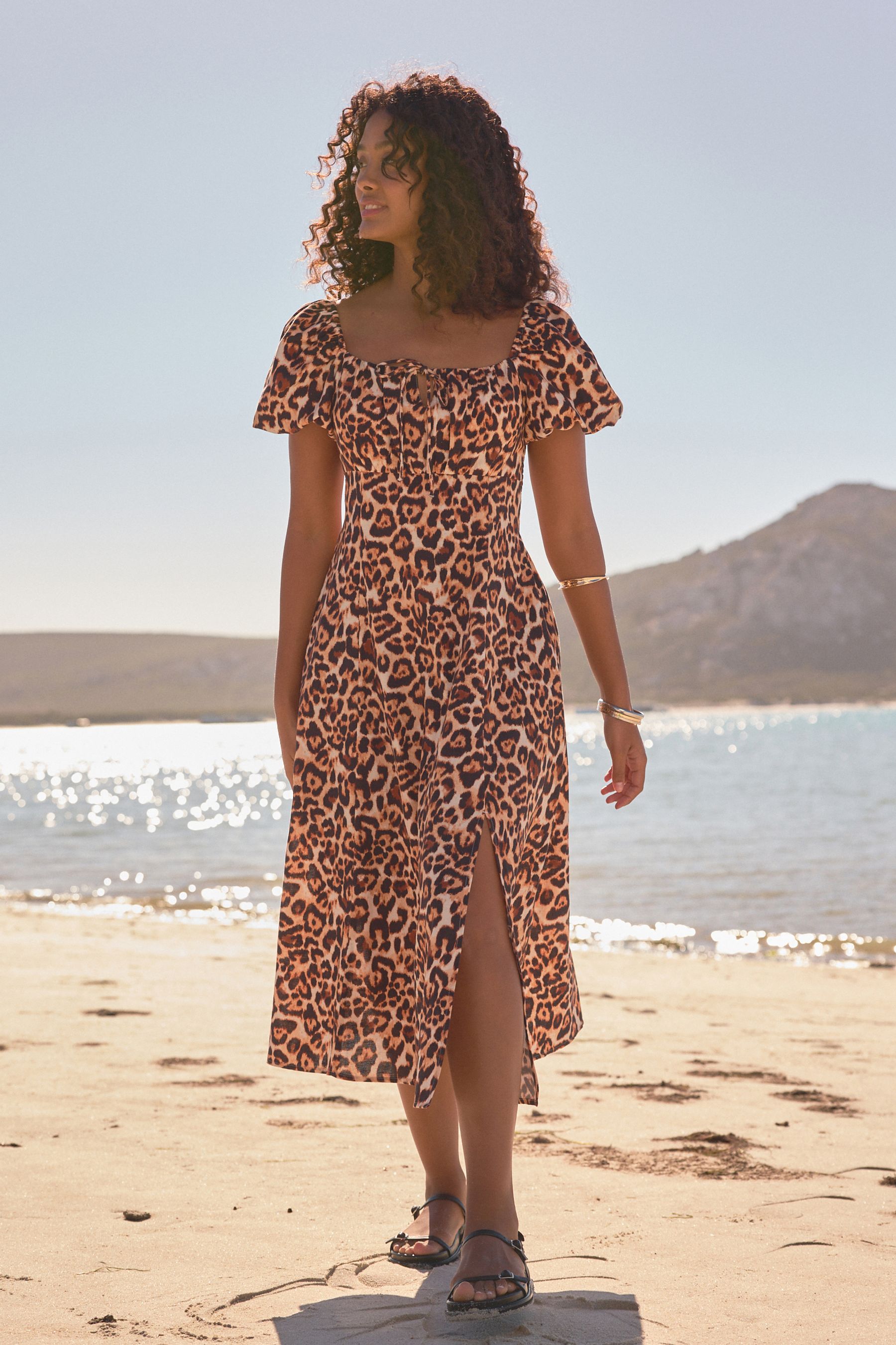 Animal Puff Sleeve Midi Dress