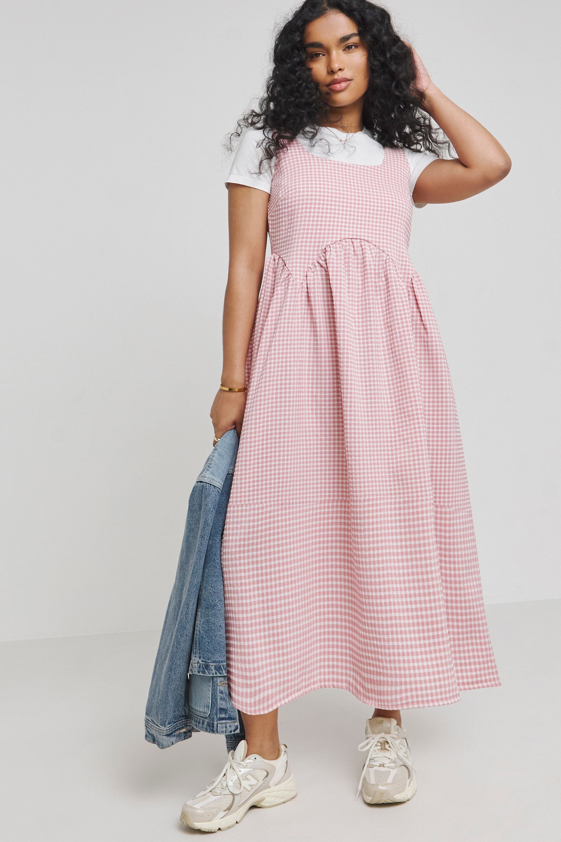 Pink gingham dress womens top