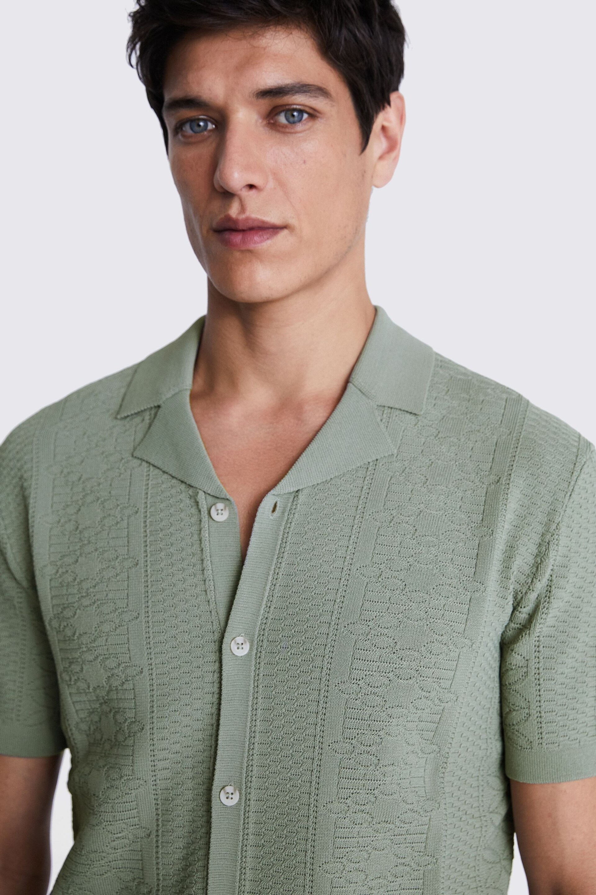 MOSS Sage Green Pointelle Knitted Shirt - Image 3 of 3