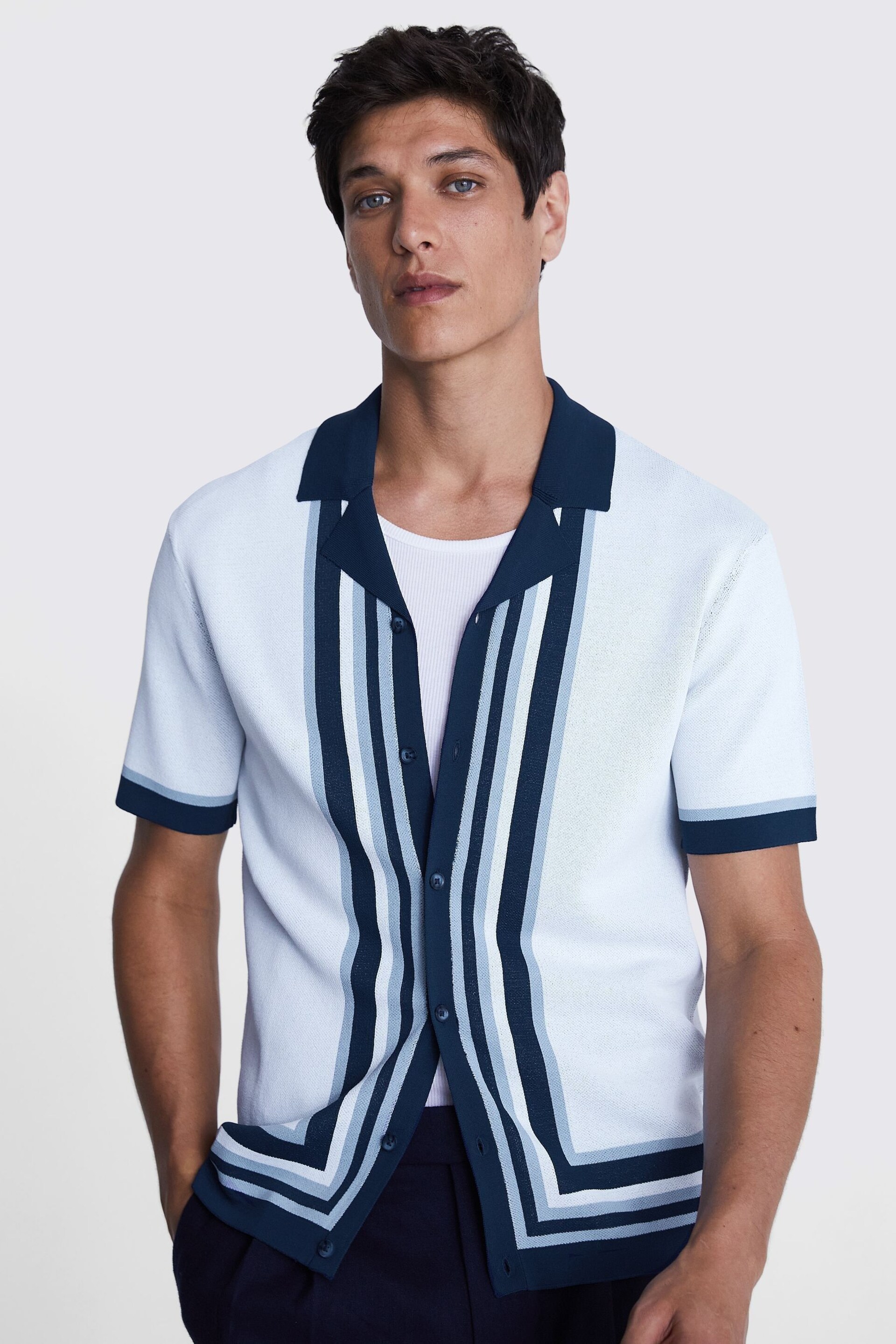 MOSS Blue and White Border Jacquard Shirt - Image 3 of 3