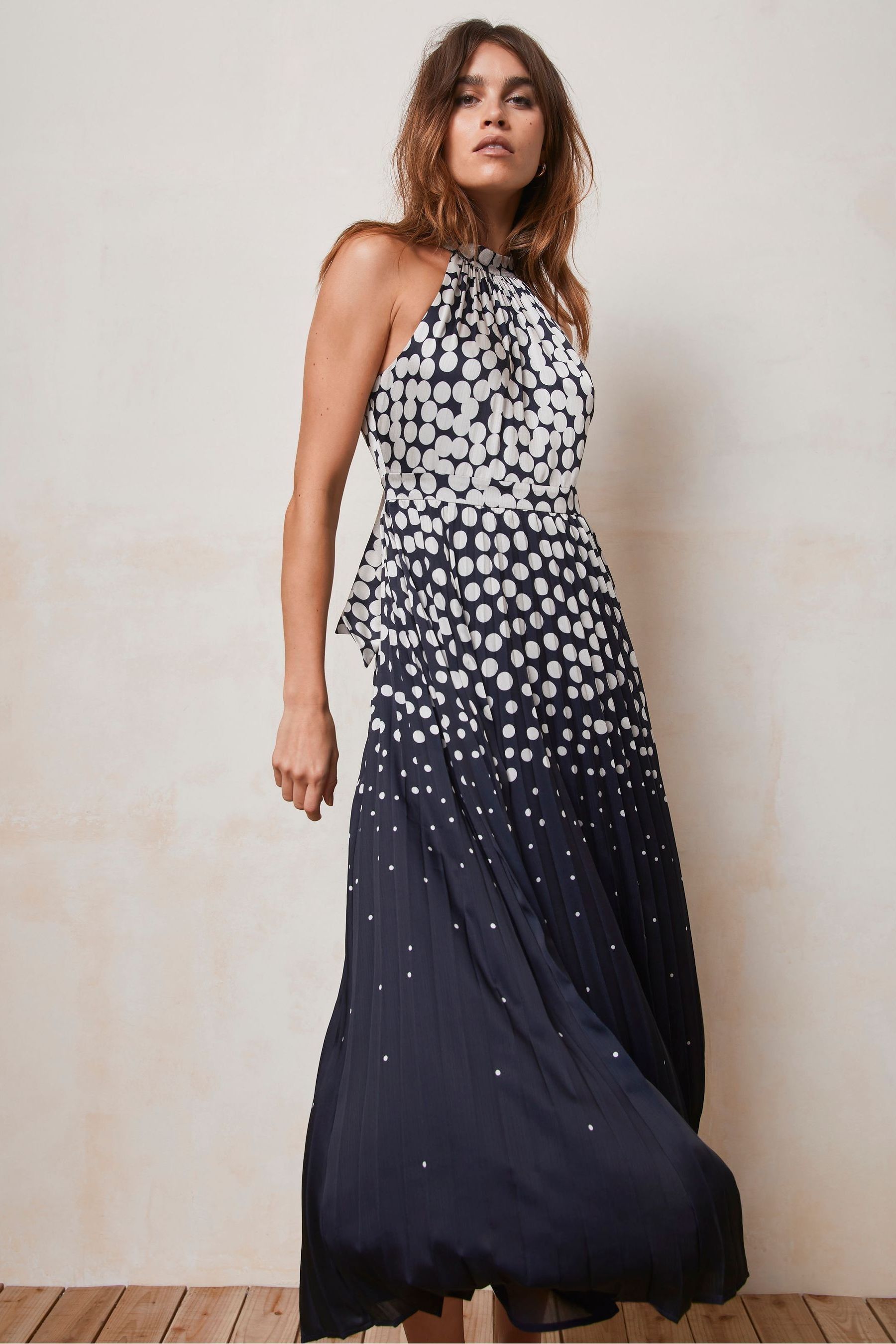 Blue and white polka dot maxi dress top
