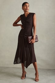 Reiss Chocolate Lyra Petite Mesh Ruched Midi Dress - Image 1 of 5