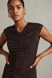 Reiss Chocolate Lyra Petite Mesh Ruched Midi Dress - Image 3 of 5