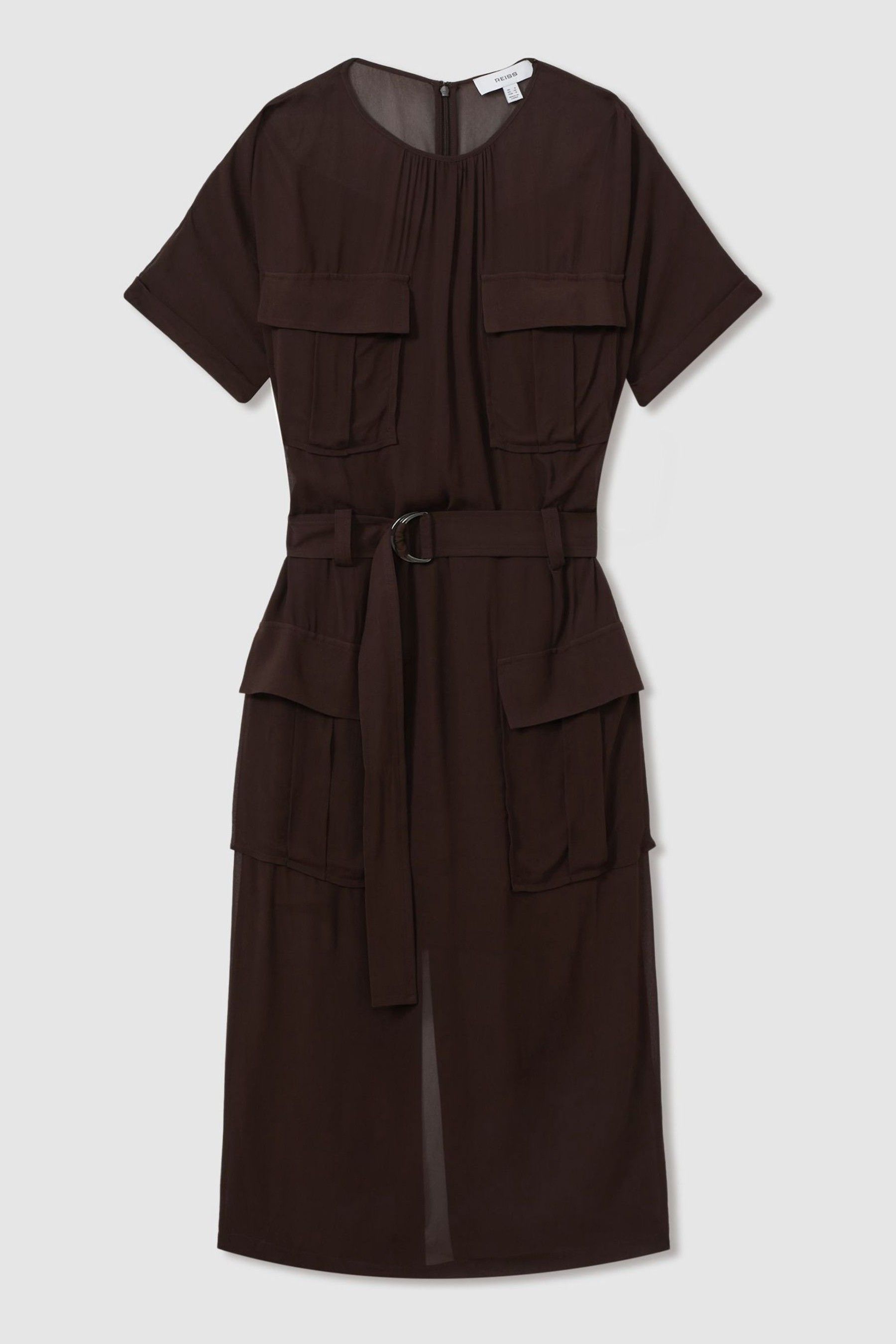Reiss Chocolate Essie Mesh Utility Belted Midi Dress