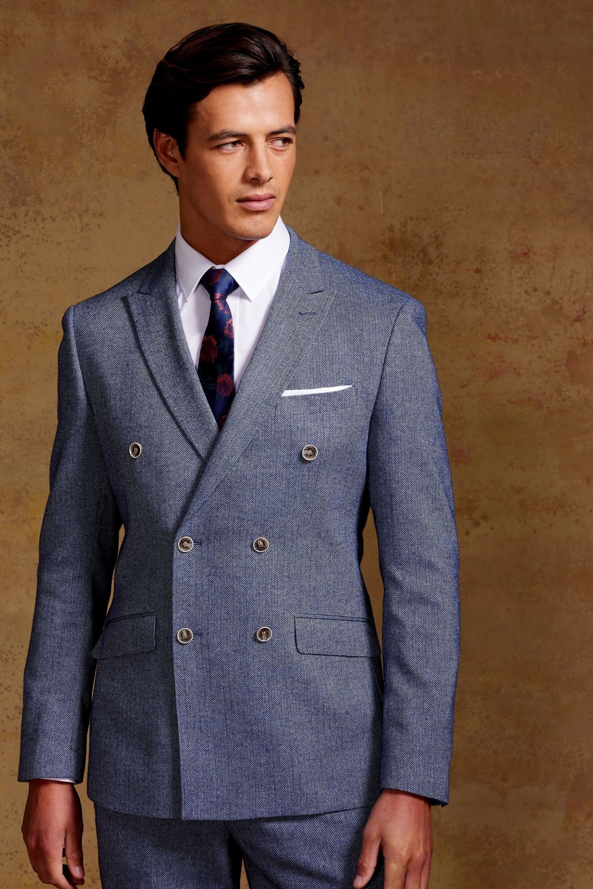 Skopes Tailored Fit Blue Herringbone Double Breasted Suit: Jacket - Image 1 of 9