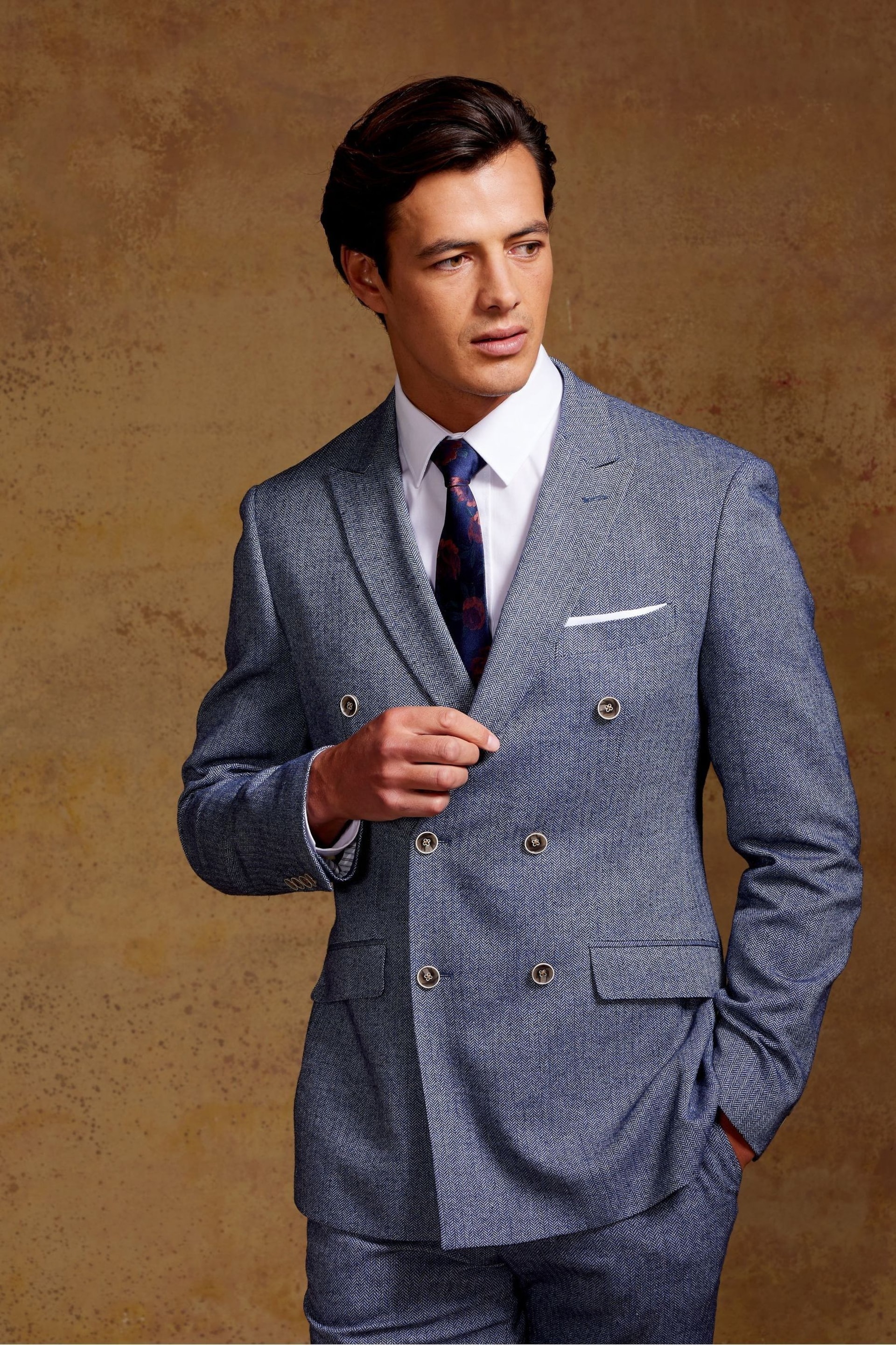 Skopes Tailored Fit Blue Herringbone Double Breasted Suit: Jacket - Image 2 of 9