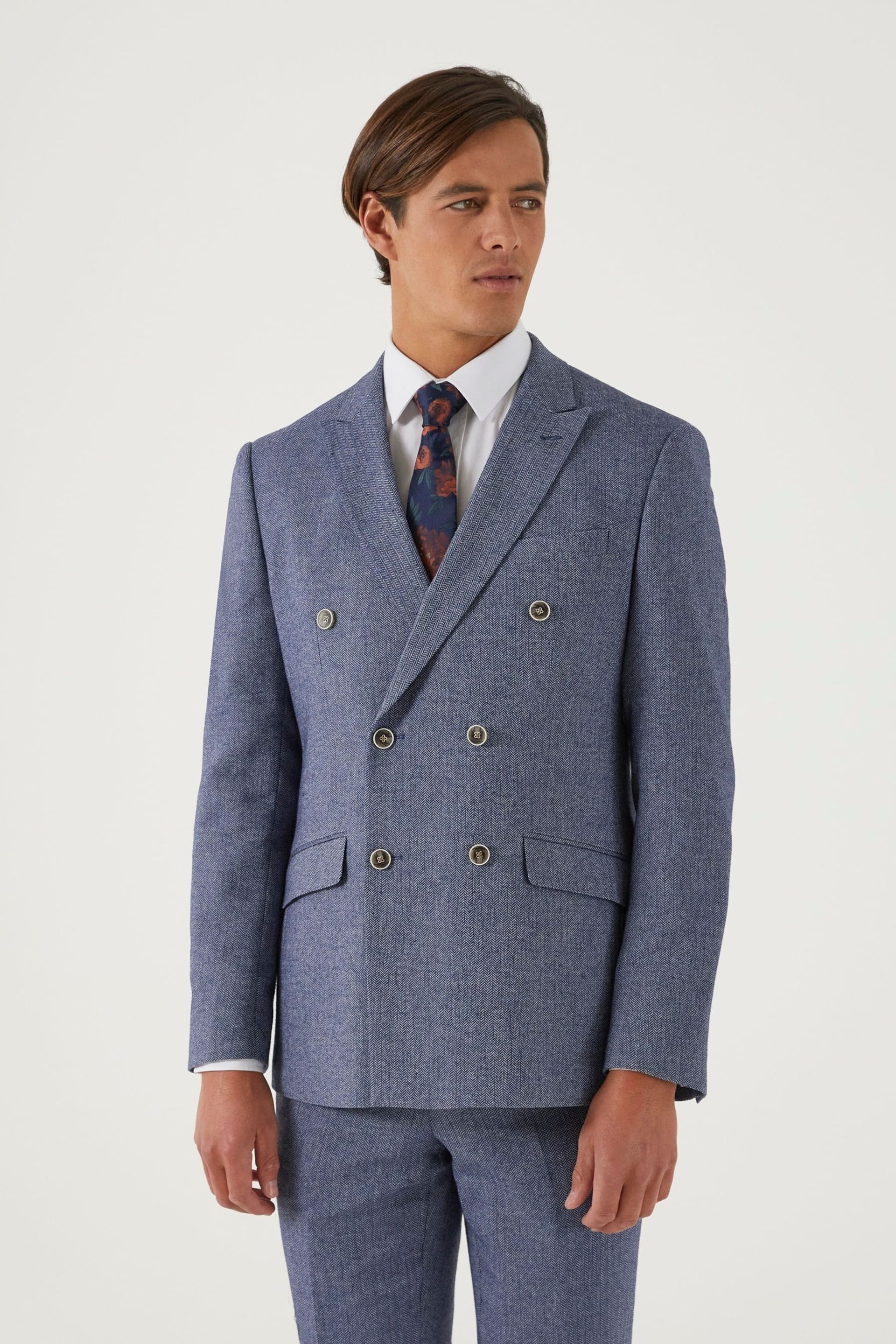 Skopes Tailored Fit Blue Herringbone Double Breasted Suit: Jacket - Image 4 of 9