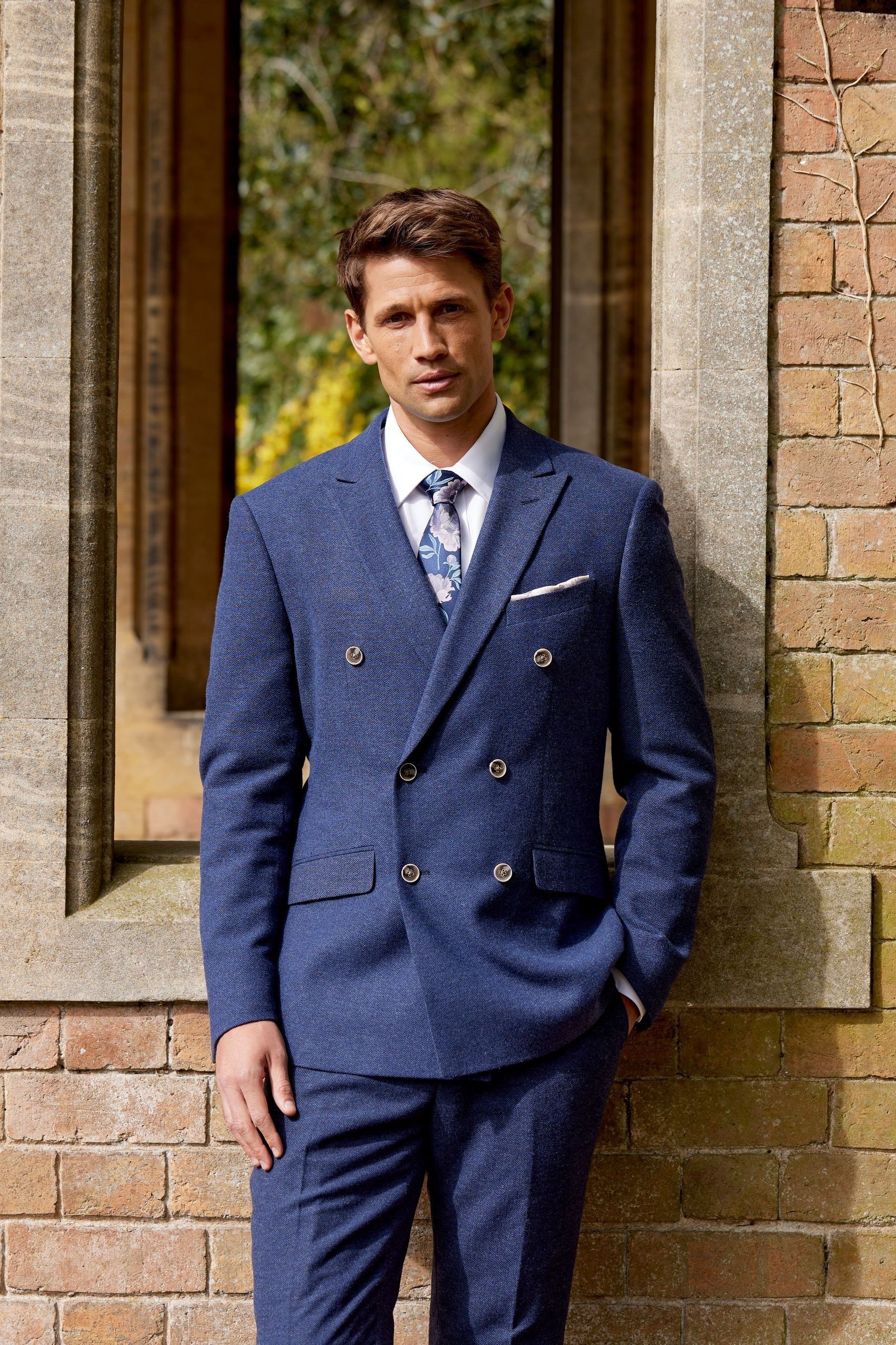 Buy Skopes Ink Blue Tailored Fit Herringbone Double Breasted Suit Jacket from Next Luxembourg