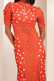 Lipsy Red Polka Dot Printed Short Puff Sleeve Gathered Waist Jersey Midi Dress - Image 3 of 4