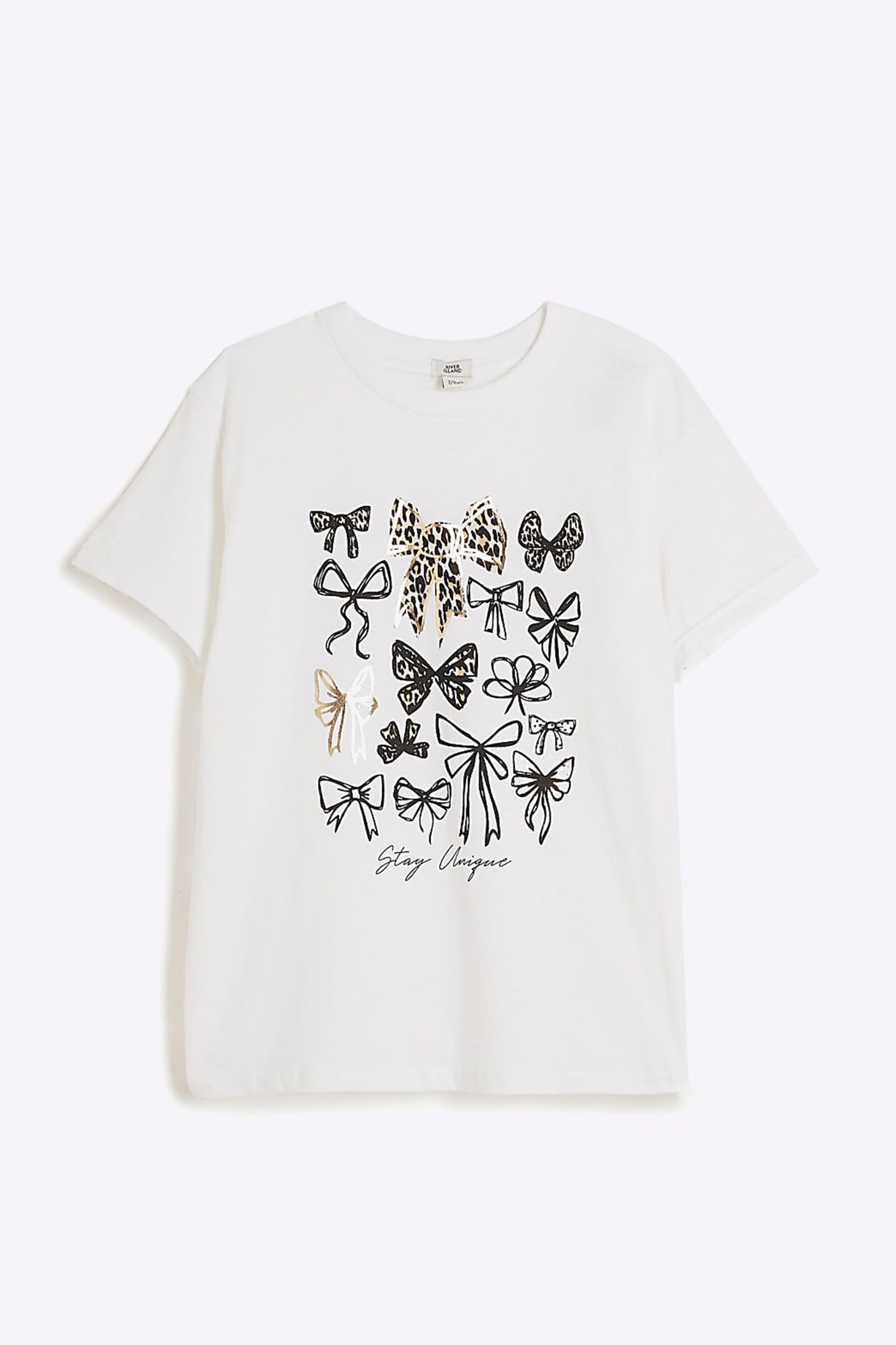 River Island White Girls Graphic Leopard Bow T-Shirt - Image 1 of 4