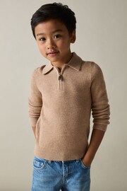 Reiss Soft Camel Brown Regis 3-9 yrs Merino Wool Quarter Zip Polo Shirt - Image 1 of 4