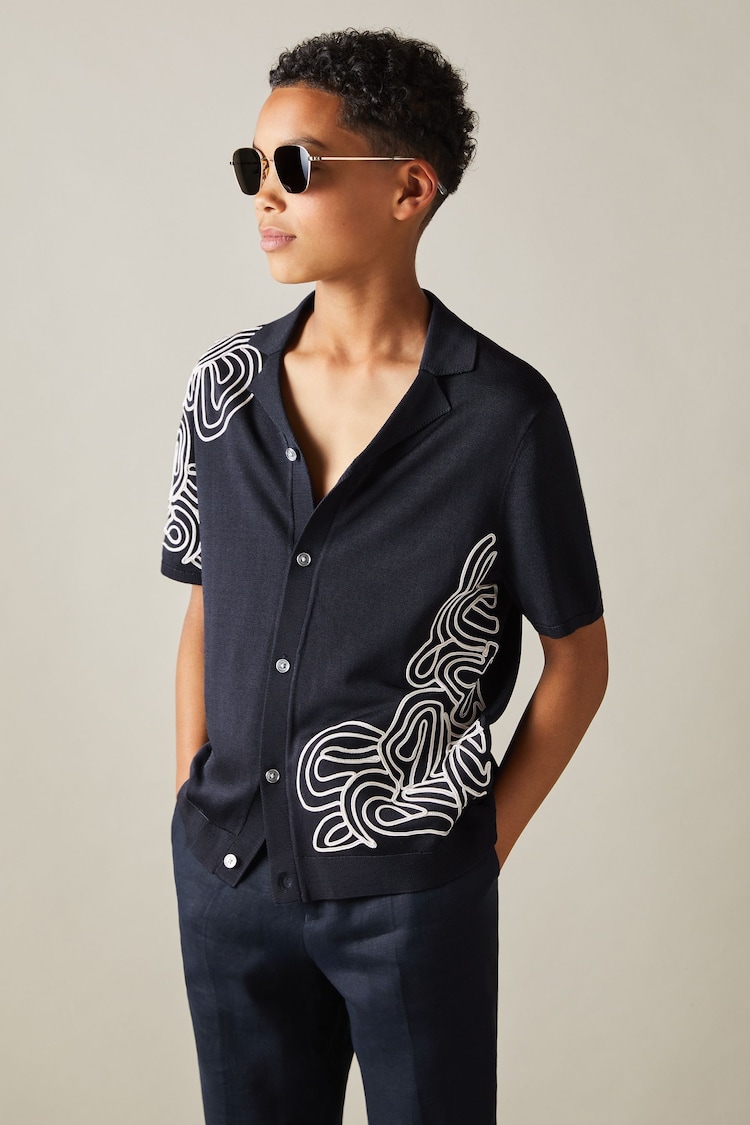 Reiss Navy/Off White Romance Senior Jersey Embroidered Cuban Collar Shirt - Image 1 of 4