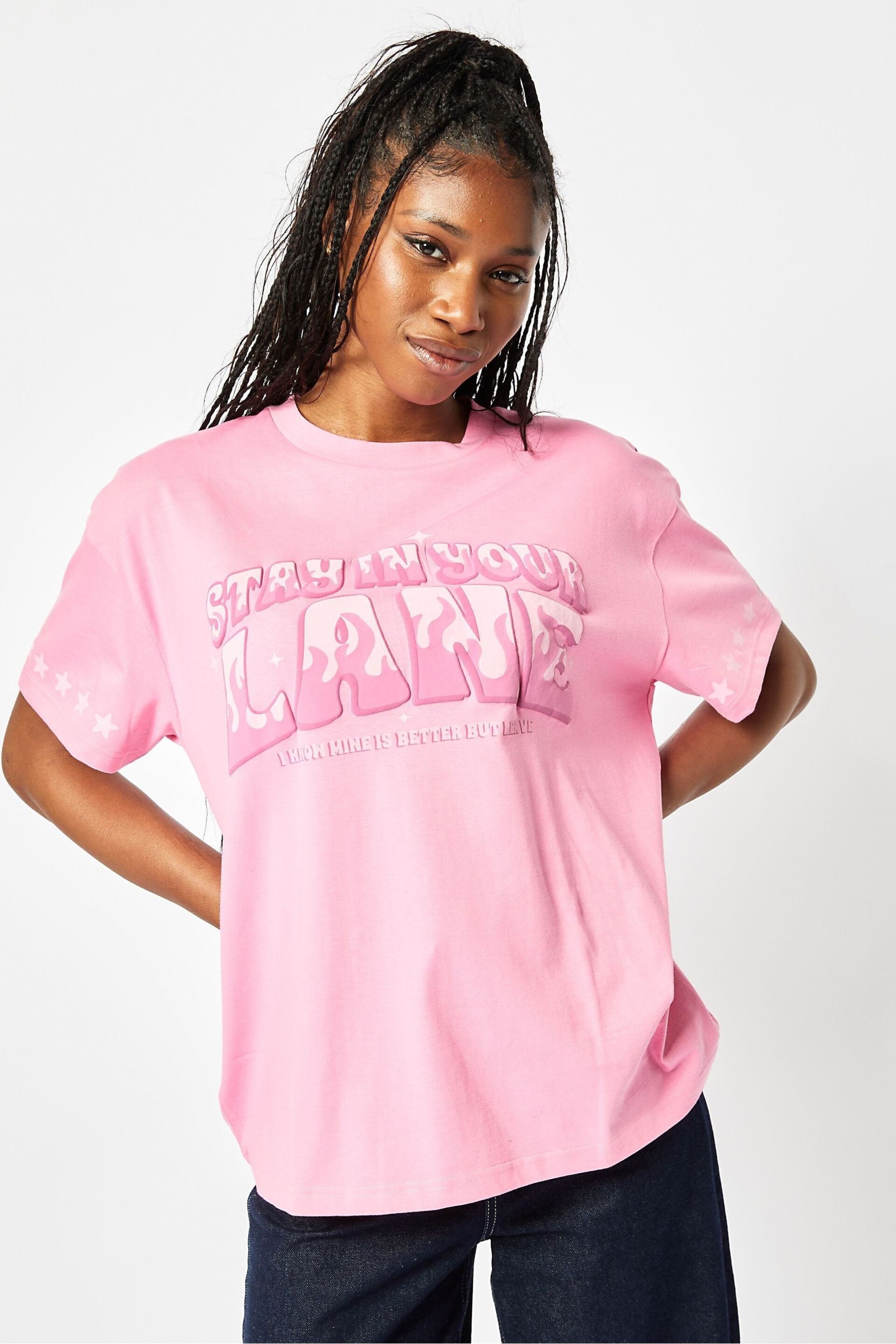 Skinnydip Oversized Pink Stay In Your Lane T-Shirt - Image 1 of 5