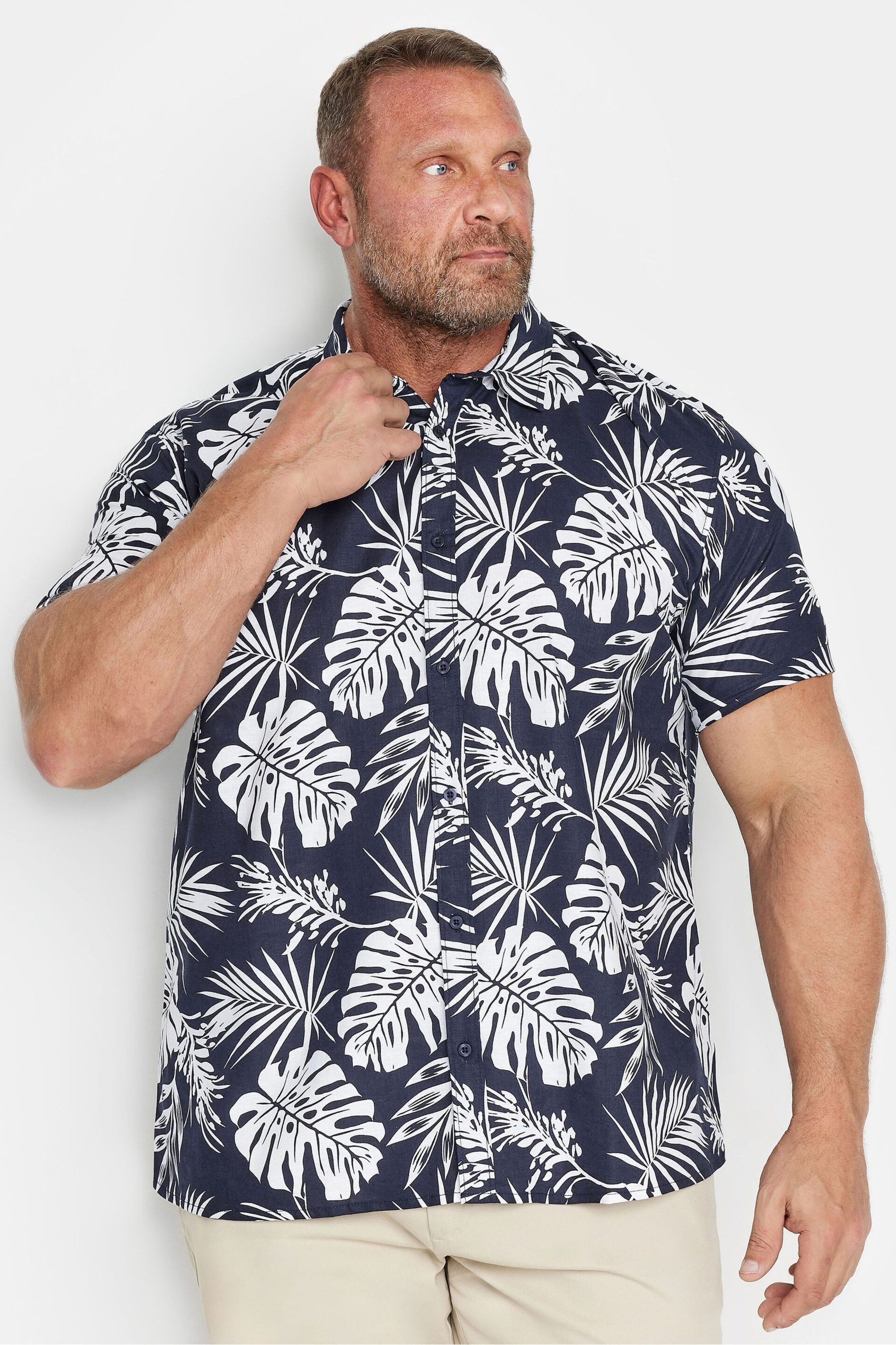 BadRhino Big & Tall Blue BadRhino Neutral Brown Premium Tropical Print Short Sleeve Linen Shirt - Image 2 of 4