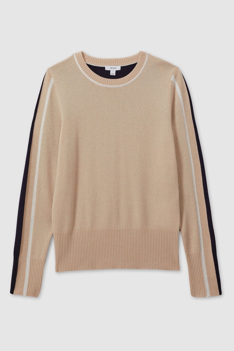 Reiss Neutral/Navy Annie Wool Blend Colourblock Crew Neck Jumper with Cashmere - Image 2 of 6