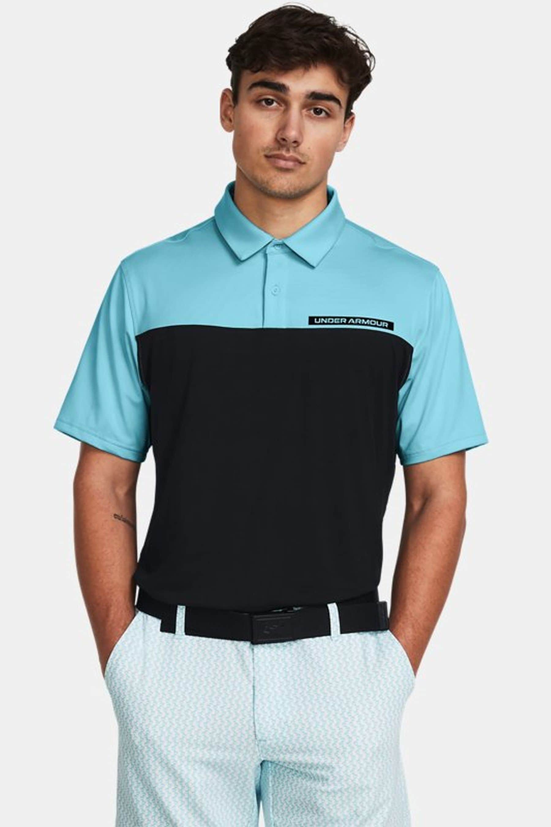 Under Armour Blue Black Golf Colourblock Polo Shirt small Mens