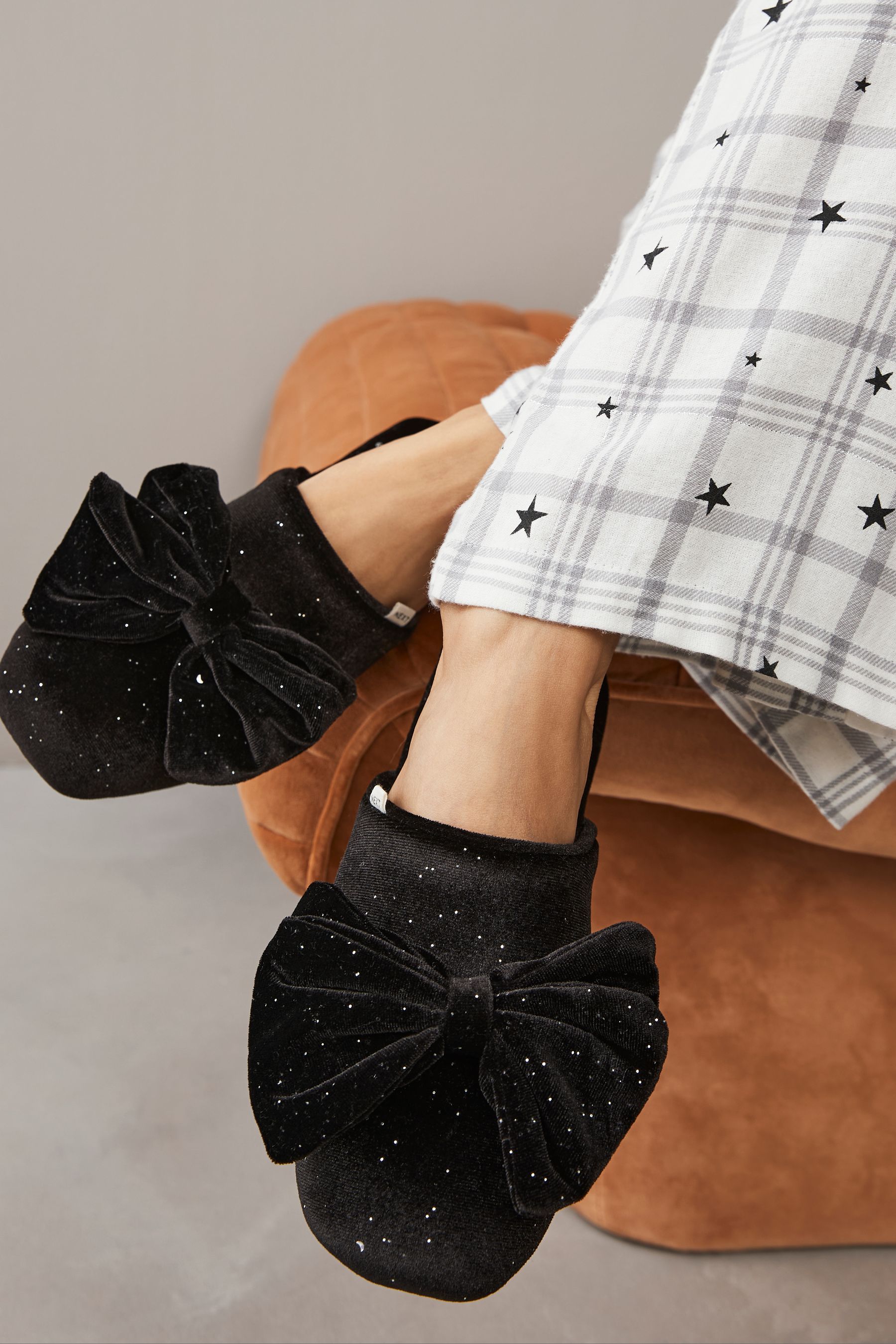 Buy Black Velour Bow Mule Slippers from Next United Arab Emirates