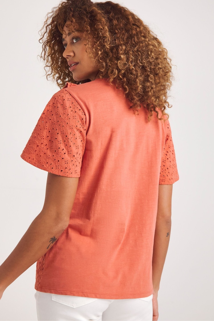 JD Williams Orange 100% Cotton Broderie Frill Jersey Back Top - Image 2 of 3