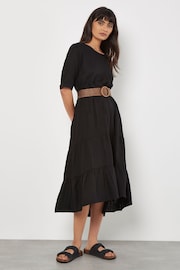 Apricot Black Tiered Plait Belt Dress With Linen - Image 1 of 4