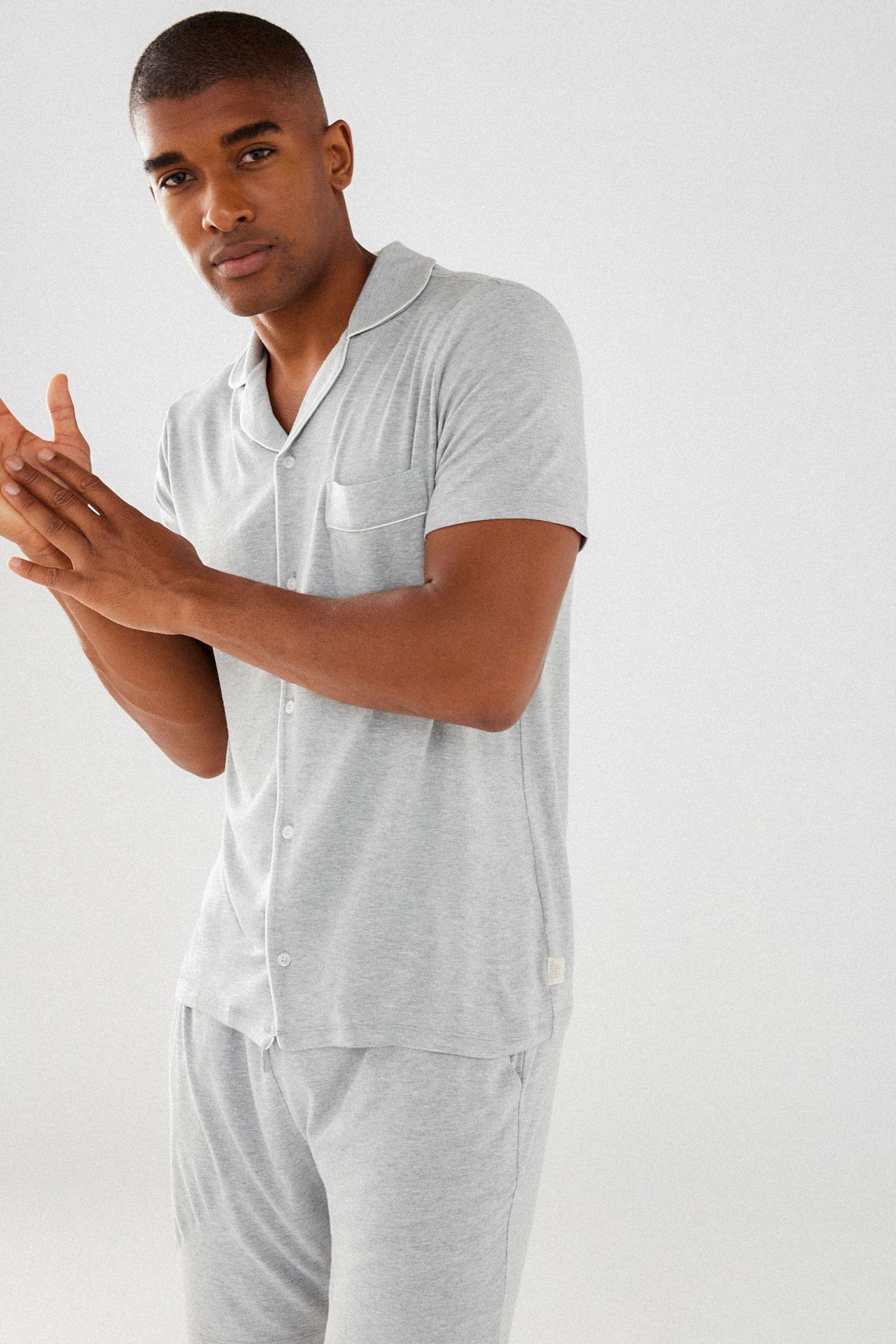 Buy Chelsea Peers Grey Mens Modal Button Up Short Pyjamas Set from Next Luxembourg