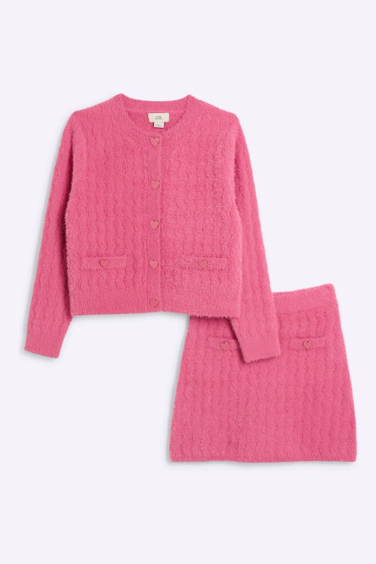 River Island Pink Girls Fluff Cardigan And Skirt Set - Image 1 of 5