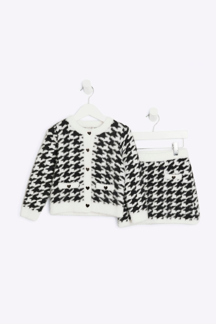 River Island Black Girls Dogtooth Fluff Cardigan And Skirt Set - Image 1 of 4