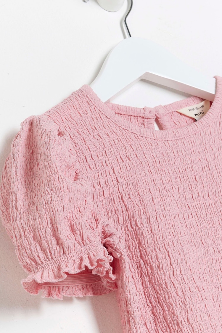 River Island Pink Girls Puff Sleeve Textured Top And Trousers Set - Image 2 of 4