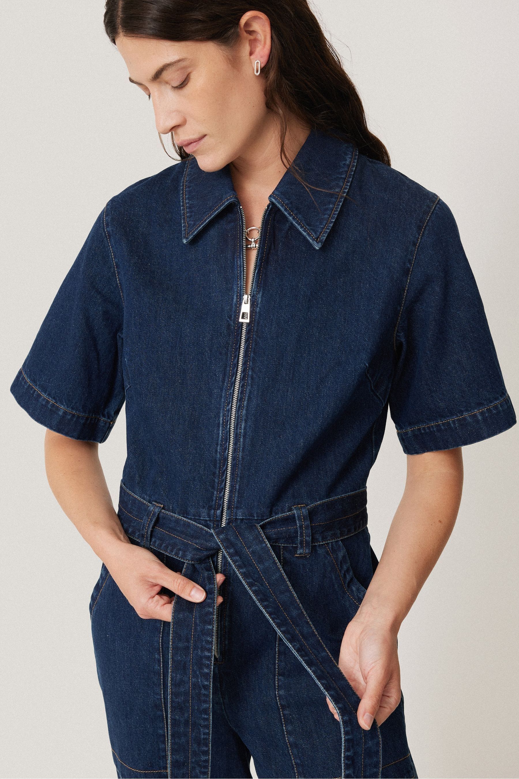 Denim zip front jumpsuit shop