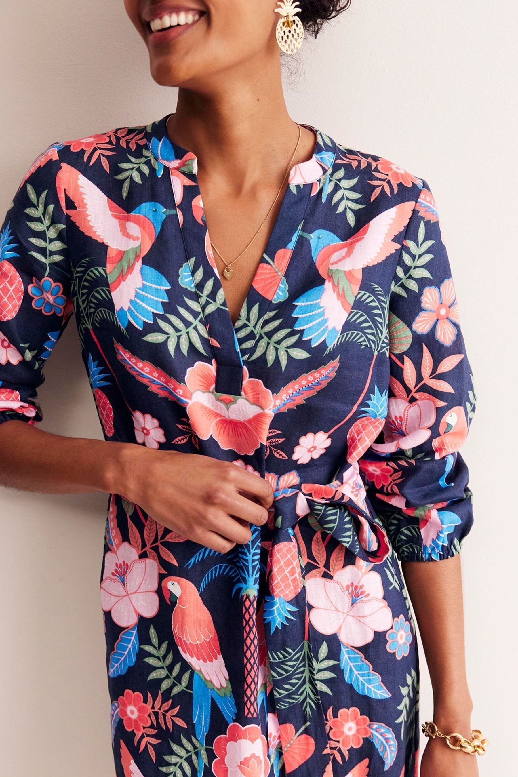 Buy Boden Blue Cleo Tropical 100 Linen Tie Waist Dress from the Next UK online shop