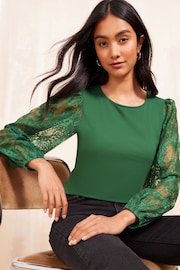 Friends Like These Green 2 in 1 Satin and Lace Long Sleeve Blouse - Image 1 of 4