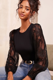 Friends Like These Black 2 in 1 Satin and Lace Long Sleeve Blouse - Image 2 of 4