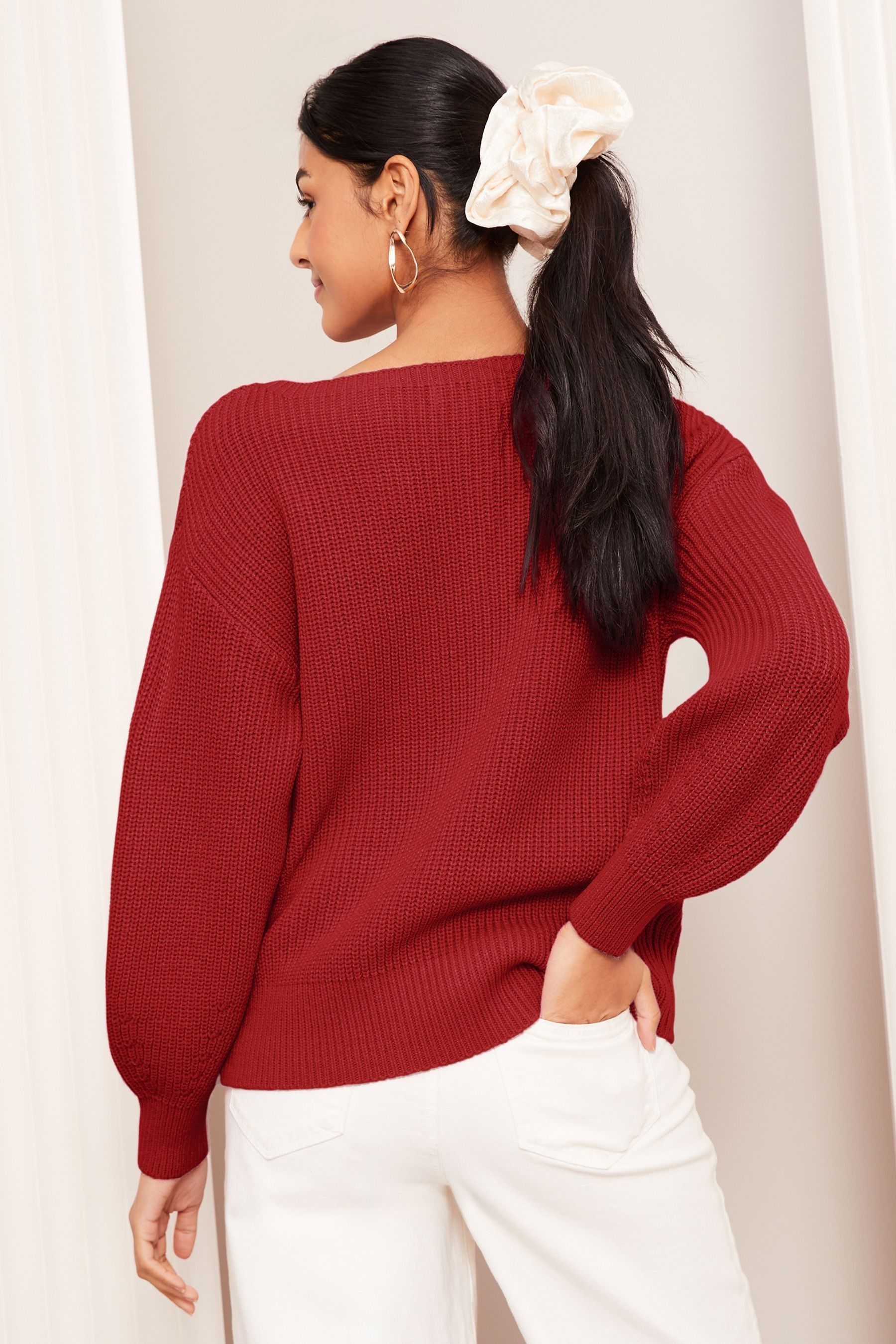Red off the shoulder sweater top