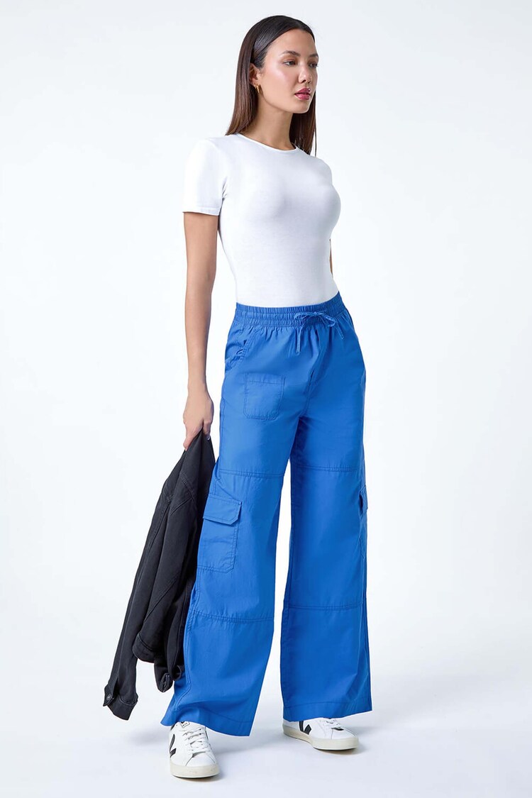 Roman Blue Cotton Wide Leg Cargo Trousers - Image 2 of 5