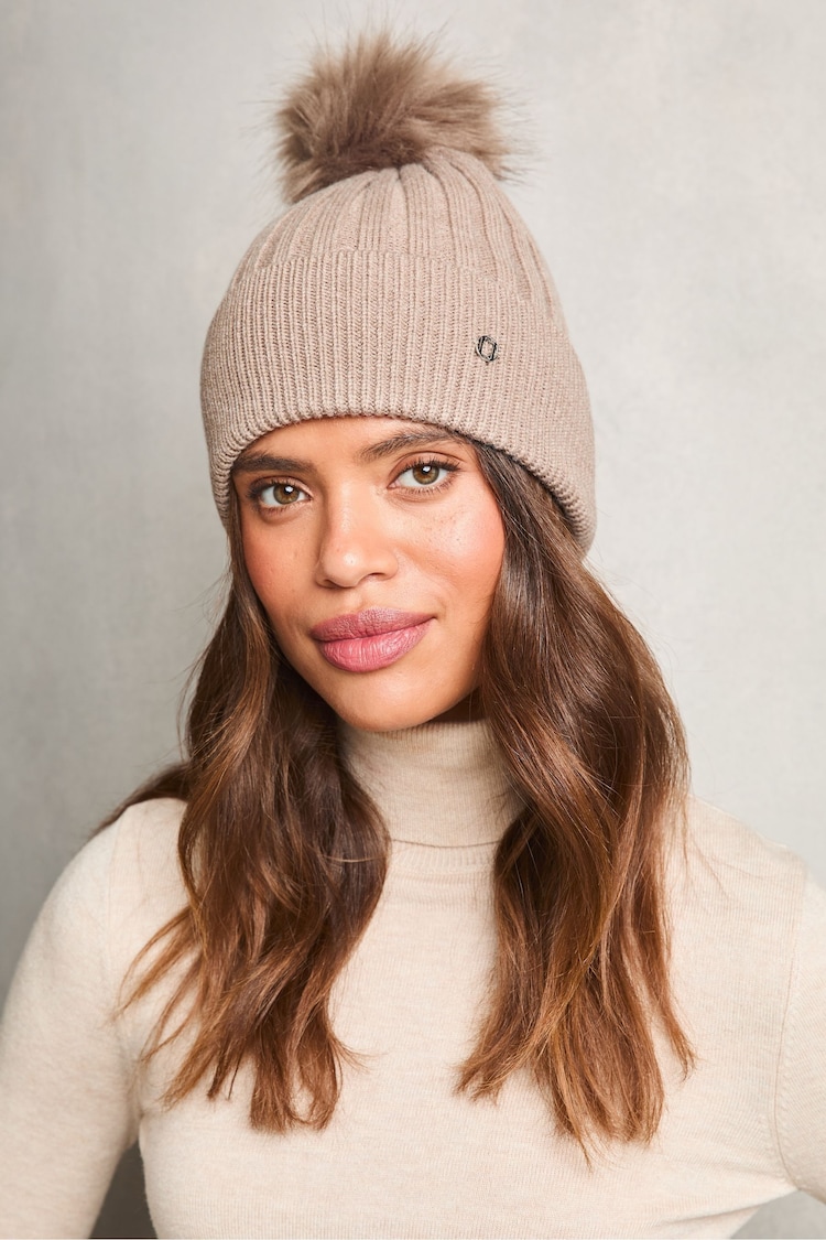 Lipsy Beige Cosy Ribbed Pom Pom Beanie Hat With Wool - Image 1 of 3