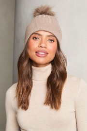 Lipsy Beige Cosy Ribbed Pom Pom Beanie Hat With Wool - Image 3 of 3