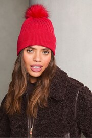 Lipsy Red Cosy Ribbed Pom Pom Beanie Hat With Wool - Image 1 of 3