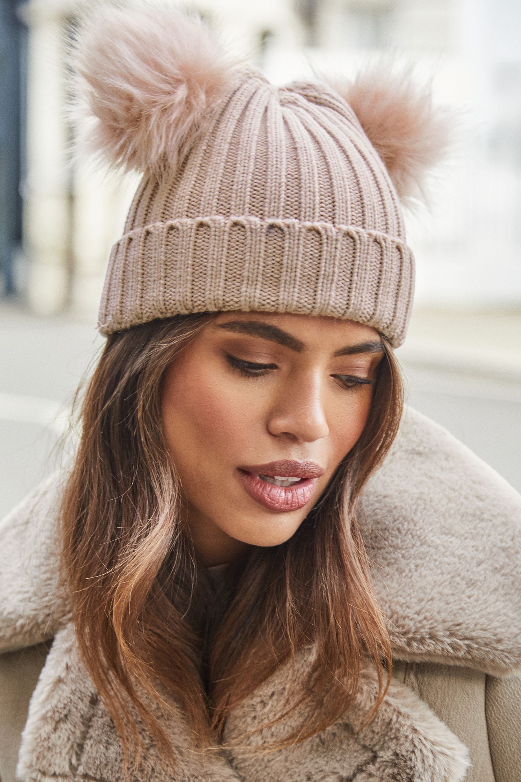 Lipsy Beige Cosy Ribbed Double Pom Beanie Hat